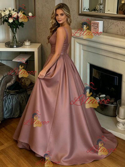Satin V-neck Pleats Prom Dress