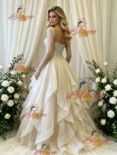 Ivory Tulle Long Sleeve Beading Wedding Dress