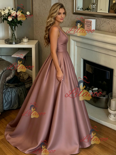Satin V-neck Pleats Prom Dress