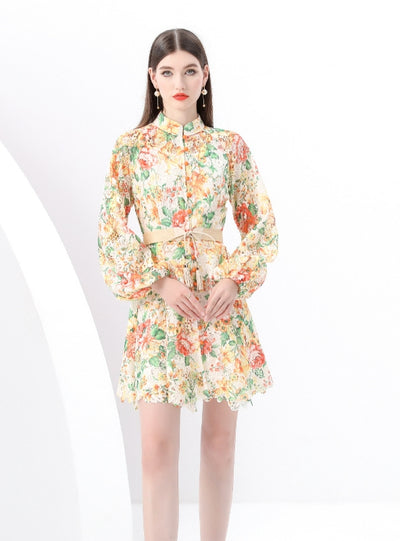 Retro Collar Breasted Print Short Dress