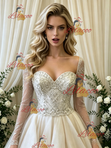 Ivory Tulle Long Sleeve Beading Wedding Dress