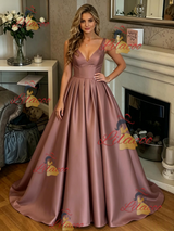Satin V-neck Pleats Prom Dress