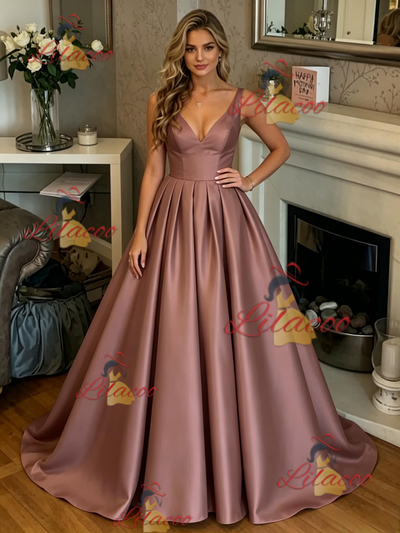 Satin V-neck Pleats Prom Dress