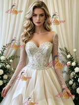 Ivory Tulle Long Sleeve Beading Wedding Dress