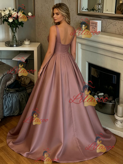 Satin V-neck Pleats Prom Dress