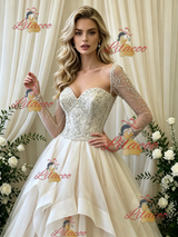 Ivory Tulle Long Sleeve Beading Wedding Dress