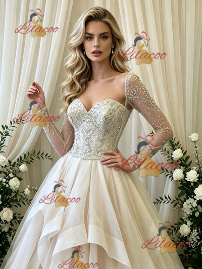 Ivory Tulle Long Sleeve Beading Wedding Dress
