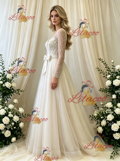 Ivory Tulle V-neck Beading Wedding Dress