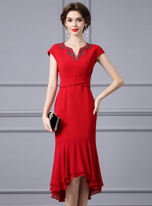 Red Cap Sleeve Beading Mother Of The Bride Dress