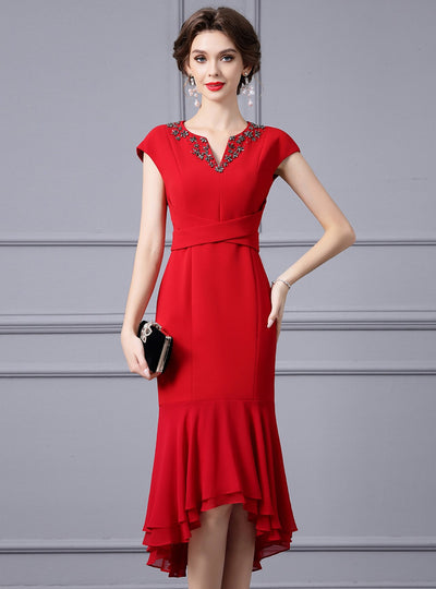 Red Cap Sleeve Beading Mother Of The Bride Dress