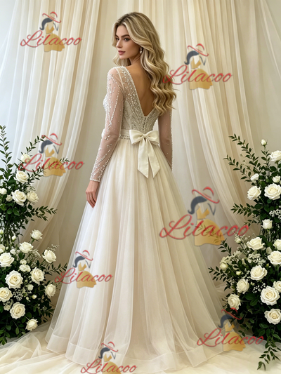 Ivory Tulle V-neck Beading Wedding Dress