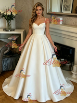 White Satin Spaghetti Straps Prom Dress