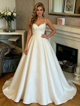 White Satin Spaghetti Straps Prom Dress