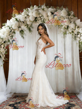 White Mermaid Lace Spaghetti Straps Wedding Dress