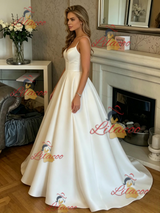 White Satin Spaghetti Straps Prom Dress