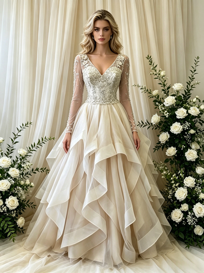 Ivory Long Sleeve V-neck Beading Weding Dress