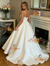 White Satin Spaghetti Straps Prom Dress