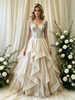 Ivory Long Sleeve V-neck Beading Weding Dress