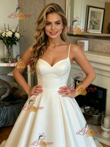 White Satin Spaghetti Straps Prom Dress