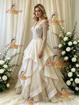 Ivory Long Sleeve V-neck Beading Weding Dress