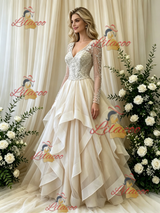 Ivory Long Sleeve V-neck Beading Weding Dress