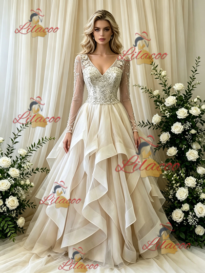 Ivory Long Sleeve V-neck Beading Weding Dress