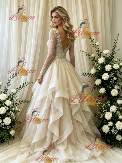 Ivory Long Sleeve V-neck Beading Weding Dress