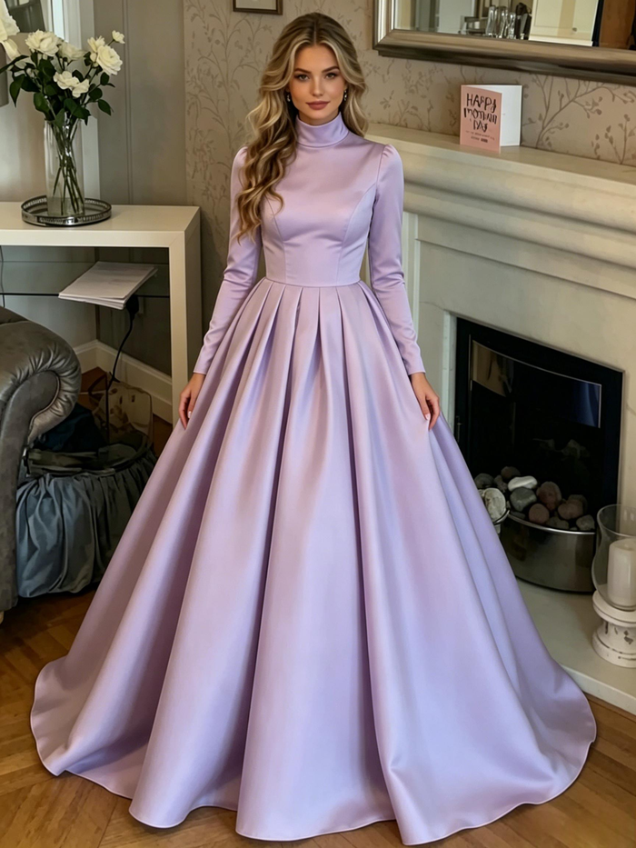 Purple Satin High Neck Prom Dress