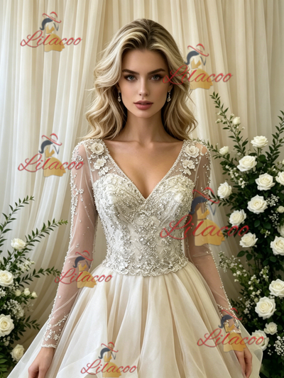 Ivory Long Sleeve V-neck Beading Weding Dress