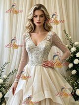 Ivory Long Sleeve V-neck Beading Weding Dress