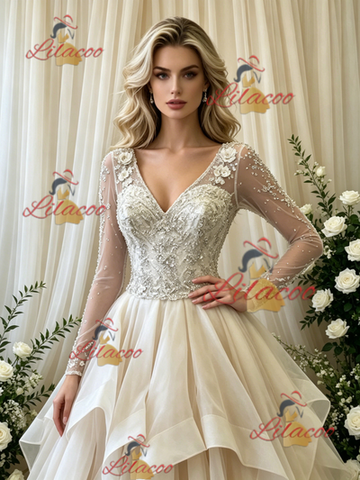 Ivory Long Sleeve V-neck Beading Weding Dress