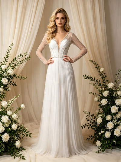 White Long Sleeve V-neck Pleats Beading Wedidng Dress