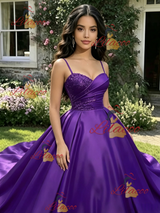Purple Satin Spaghetti Straps Pleats Quinceanera Dress