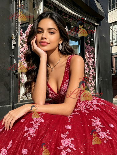 Red V-neck Tulle Appliques Quinceanera Dress