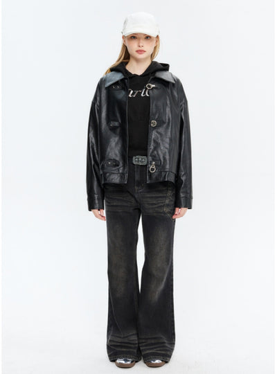 Button Lapel Long Sleeve Jacket PU Leather Coat