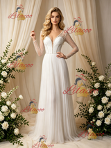 White Long Sleeve V-neck Pleats Beading Wedidng Dress
