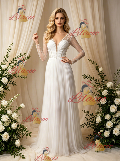 White Long Sleeve V-neck Pleats Beading Wedidng Dress