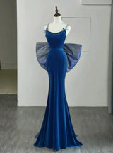 Blue Mermaid Velvet Straps Bow Prom Dress