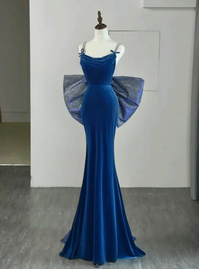 Blue Mermaid Velvet Straps Bow Prom Dress
