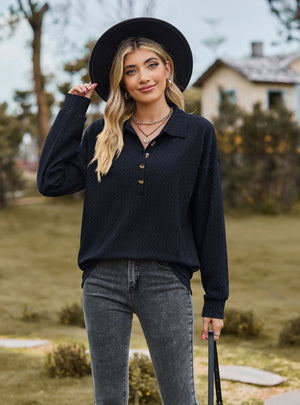 Solid Color Lapel Button Loose Long Sleeve Top