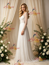 White Long Sleeve V-neck Pleats Beading Wedidng Dress