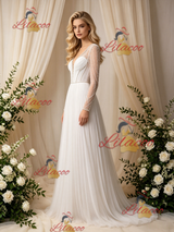 White Long Sleeve V-neck Pleats Beading Wedidng Dress