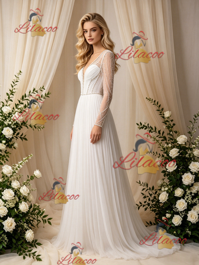 White Long Sleeve V-neck Pleats Beading Wedidng Dress