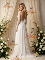 White Long Sleeve V-neck Pleats Beading Wedidng Dress