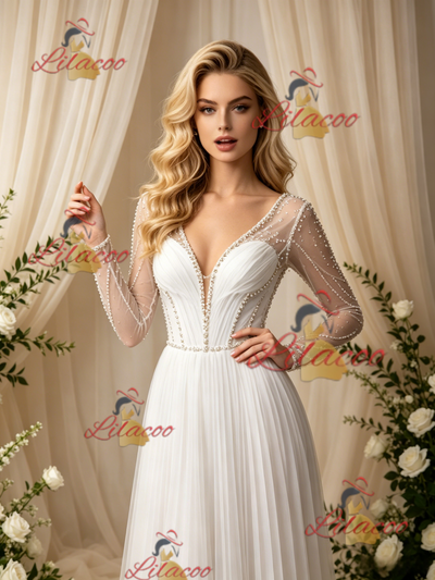 White Long Sleeve V-neck Pleats Beading Wedidng Dress