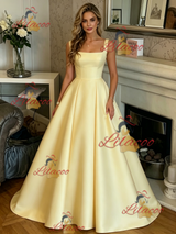 Yellow Satin Straps Prom Dress