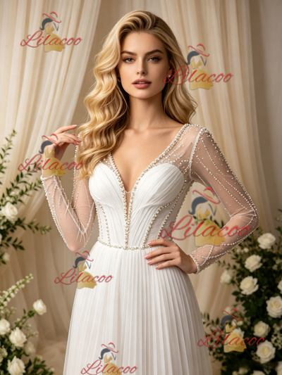 White Long Sleeve V-neck Pleats Beading Wedidng Dress