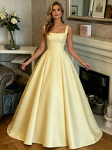 Yellow Satin Straps Prom Dress