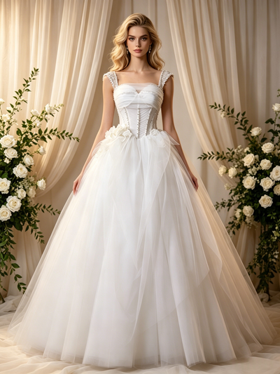 Beige White Tulle Straps Pleats Beading Wedding Dress