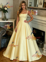 Yellow Satin Straps Prom Dress